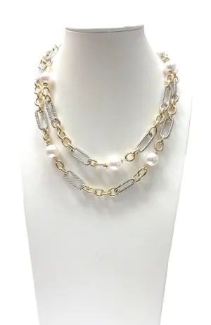 Long Toggle Chain Mixed Metal with Pearls