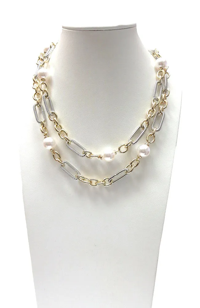 Long Toggle Chain Mixed Metal with Pearls