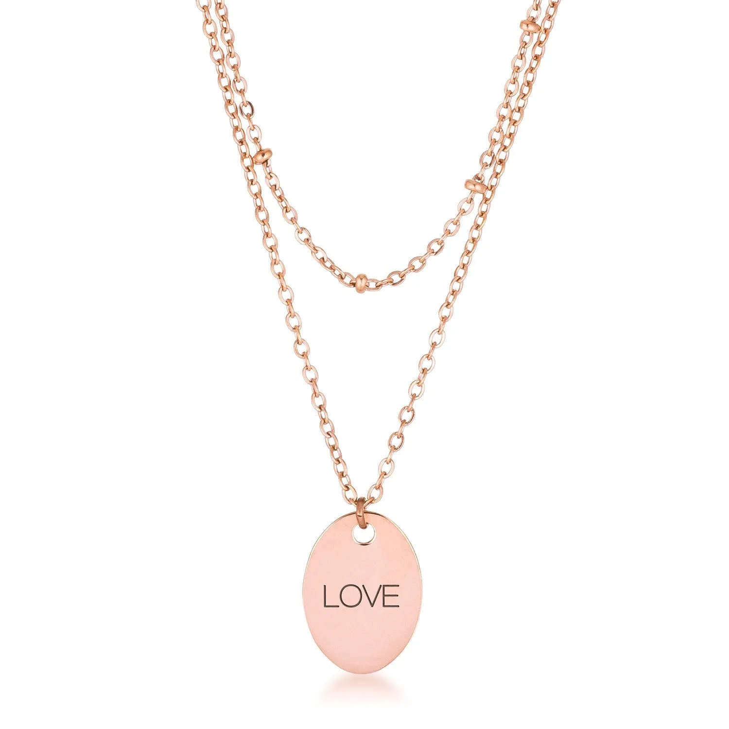LOVCIA Elegant Double Chain LOVE Pendant Necklace in Rose Gold Finish