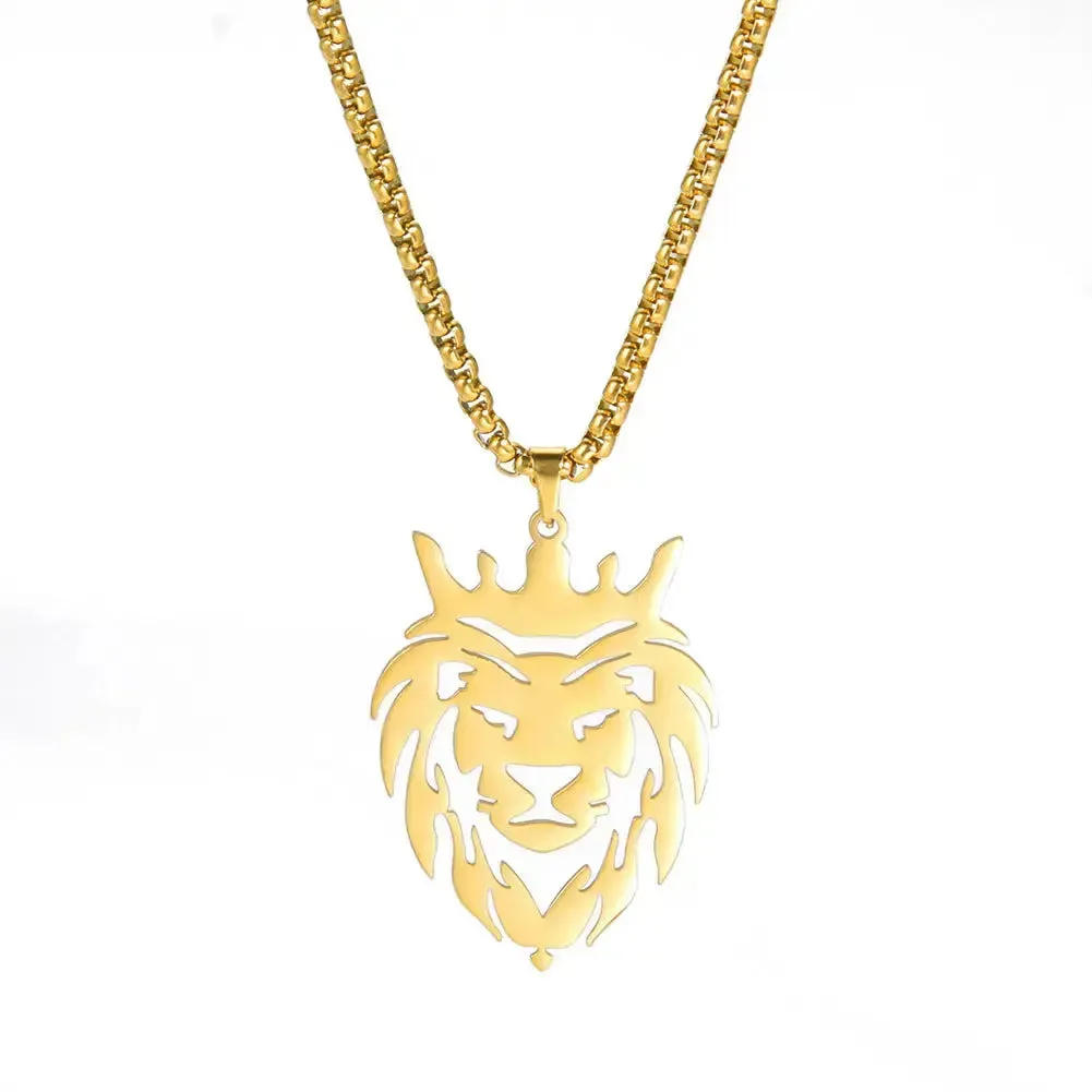 LOVCIA Lion King Stainless Steel Gold Plated Box Chain Pendant - Men's Hip-hop Necklace