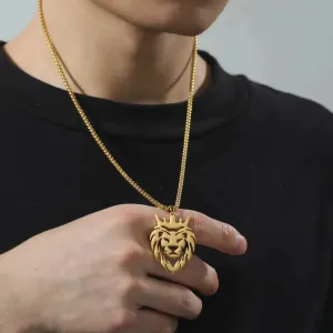 LOVCIA Lion King Stainless Steel Gold Plated Box Chain Pendant - Men's Hip-hop Necklace