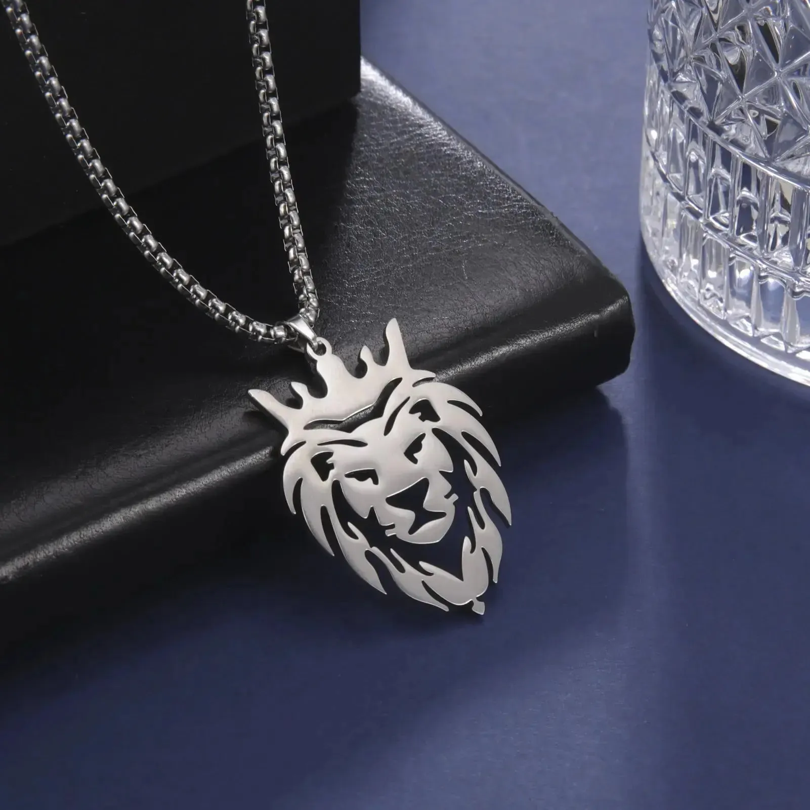 LOVCIA Lion King Stainless Steel Gold Plated Box Chain Pendant - Men's Hip-hop Necklace