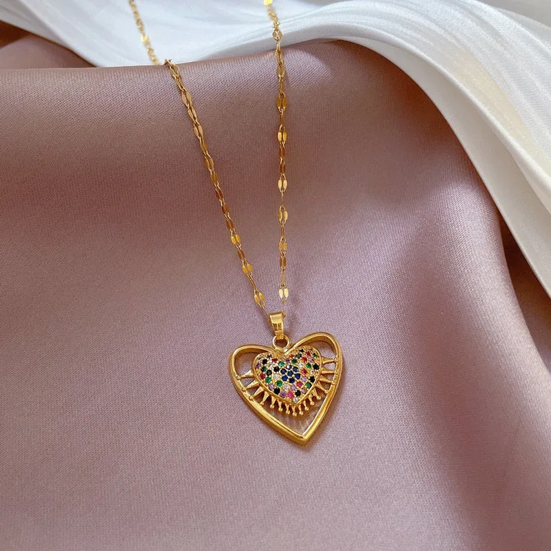 Luxury Zircon Crystal Big Heart Pendant Necklace
