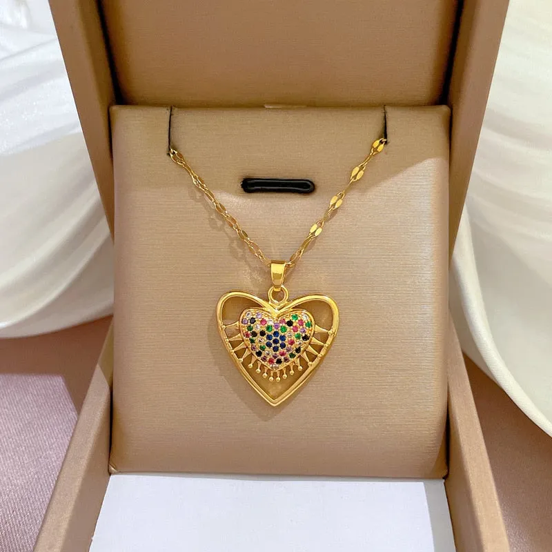 Luxury Zircon Crystal Big Heart Pendant Necklace