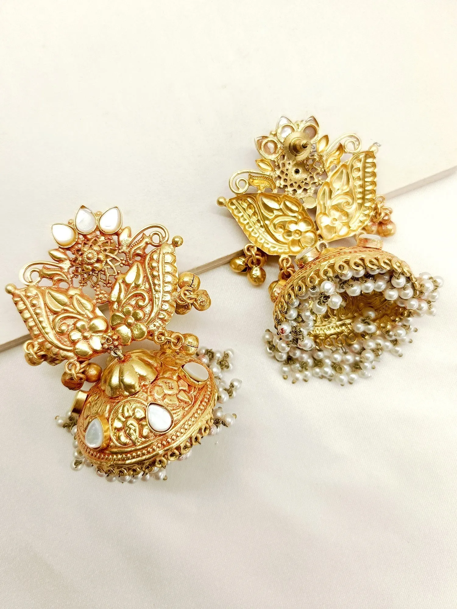 Mahi White Pearl Gold Plated Antique Jhumki