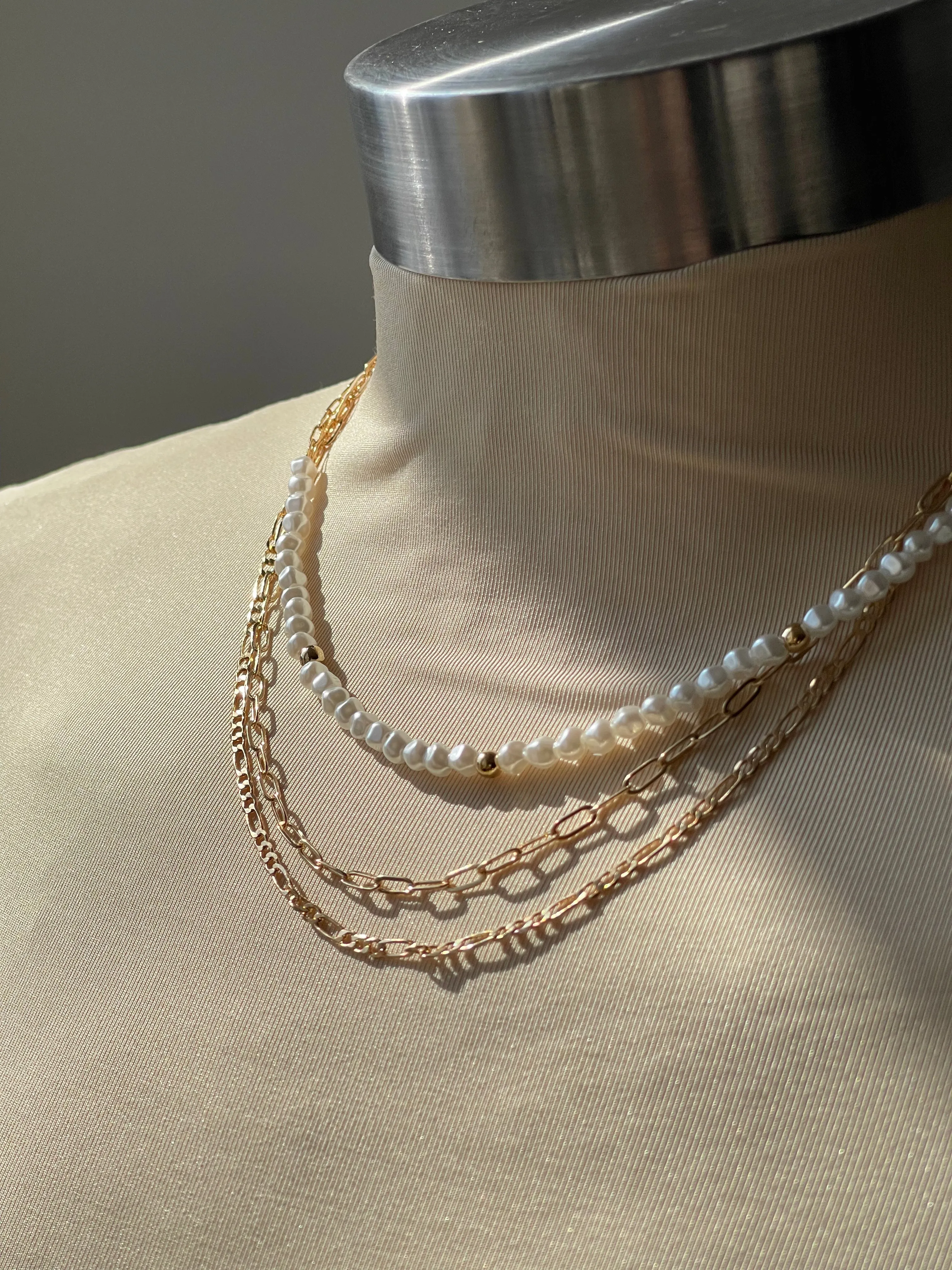 Margaret Organic Pearl Bead Charm Layered Necklace In Gold