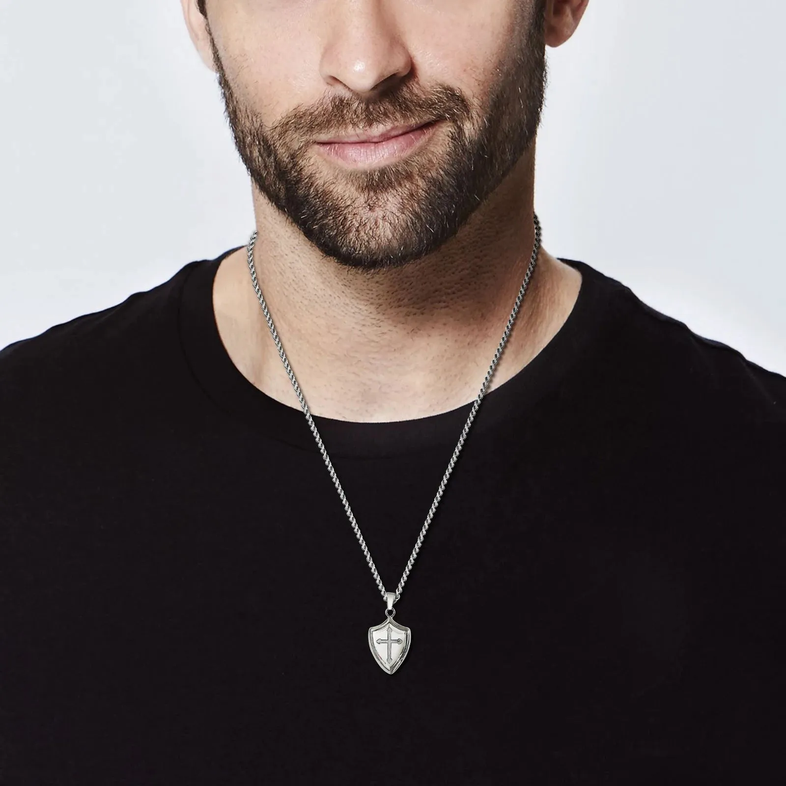 Men Shield Shape Cross Pendant Necklace