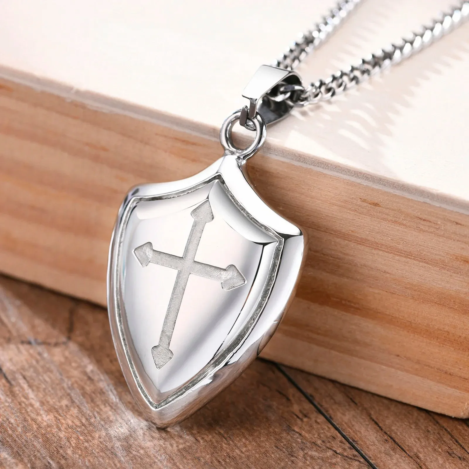Men Shield Shape Cross Pendant Necklace