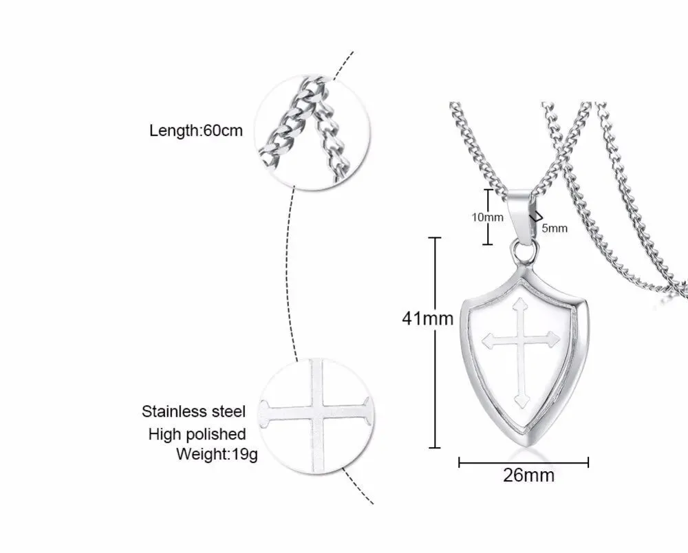 Men Shield Shape Cross Pendant Necklace