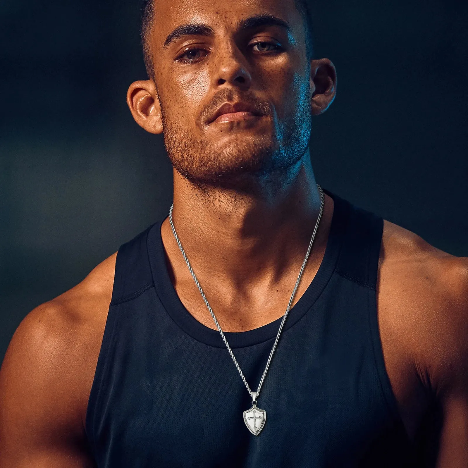 Men Shield Shape Cross Pendant Necklace