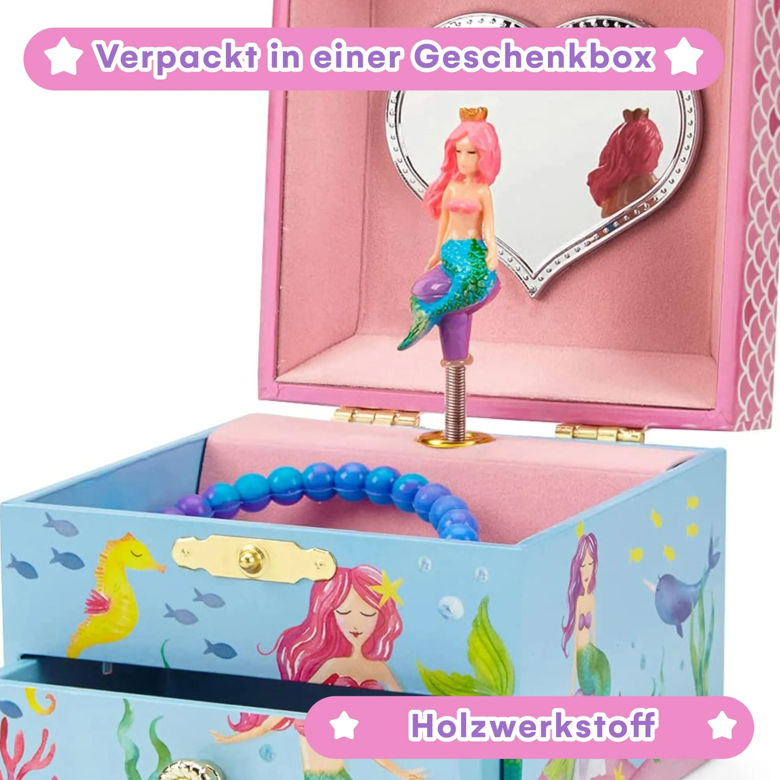 Mermaid music box jewelry box, underwater design with pull-out compartment