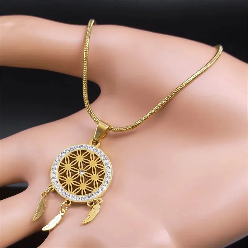 Minimalist Dream Catcher Necklace Stainless Steel Gold Color Seed of Life Feather Tassel Necklaces
