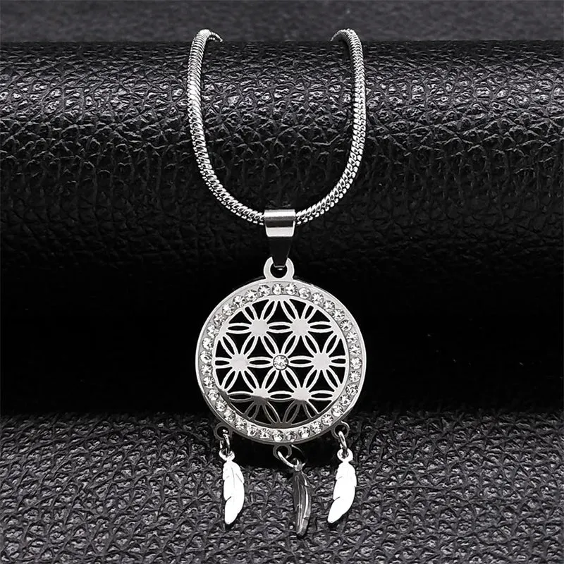Minimalist Dream Catcher Necklace Stainless Steel Gold Color Seed of Life Feather Tassel Necklaces