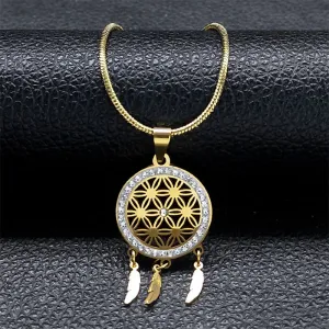 Minimalist Dream Catcher Necklace Stainless Steel Gold Color Seed of Life Feather Tassel Necklaces