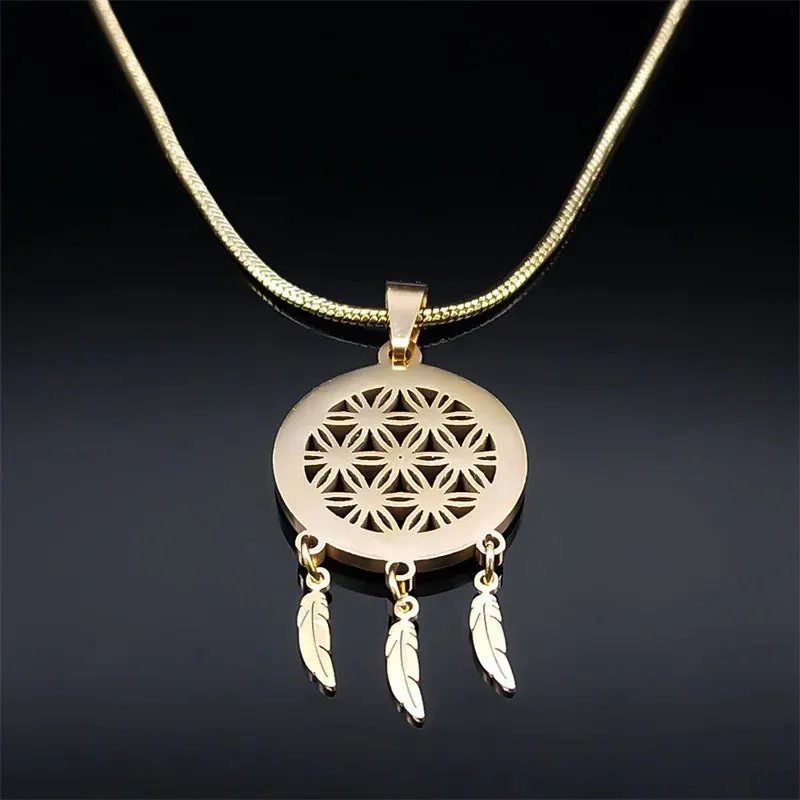 Minimalist Dream Catcher Necklace Stainless Steel Gold Color Seed of Life Feather Tassel Necklaces