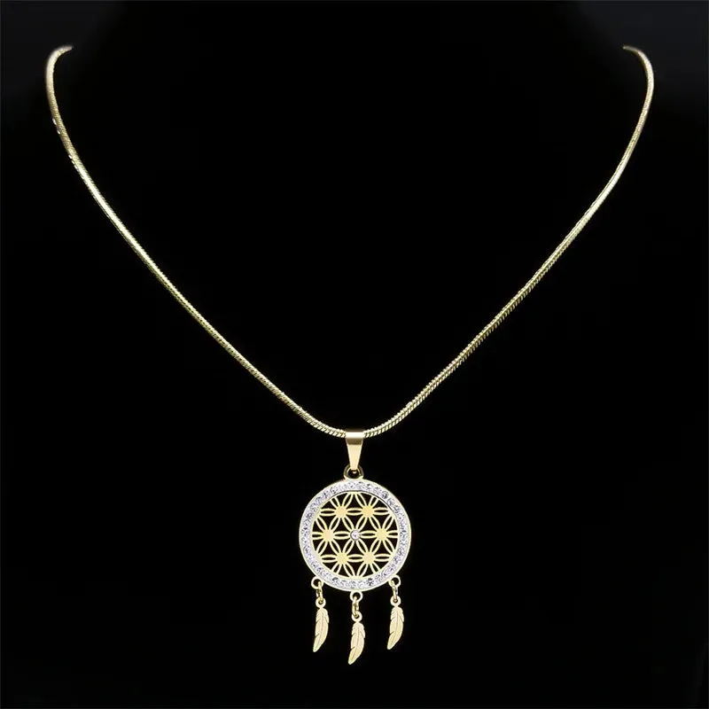 Minimalist Dream Catcher Necklace Stainless Steel Gold Color Seed of Life Feather Tassel Necklaces