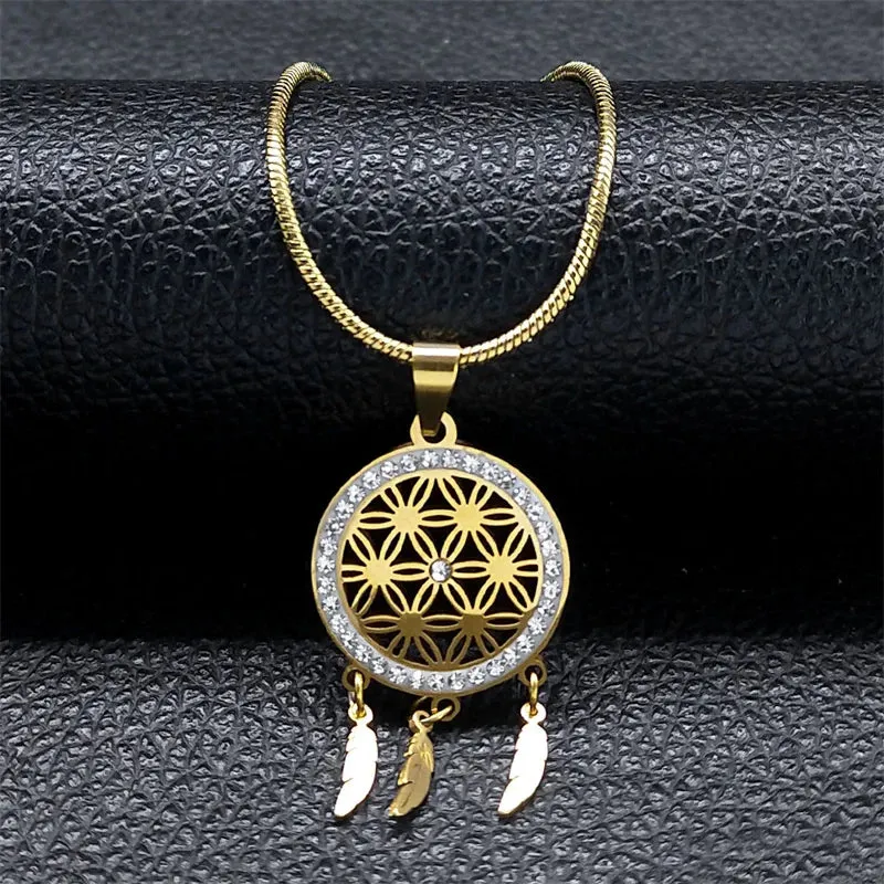 Minimalist Dream Catcher Necklace Stainless Steel Gold Color Seed of Life Feather Tassel Necklaces