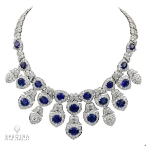 Modern Sapphire and Diamond Bib Necklace in Platinum