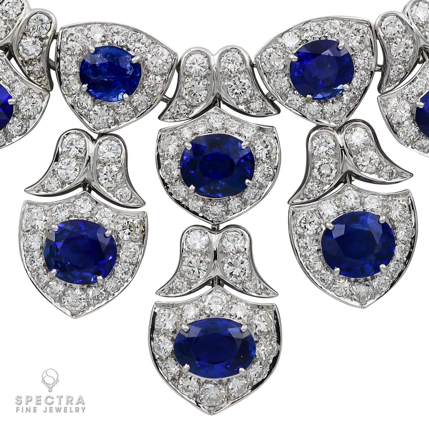 Modern Sapphire and Diamond Bib Necklace in Platinum