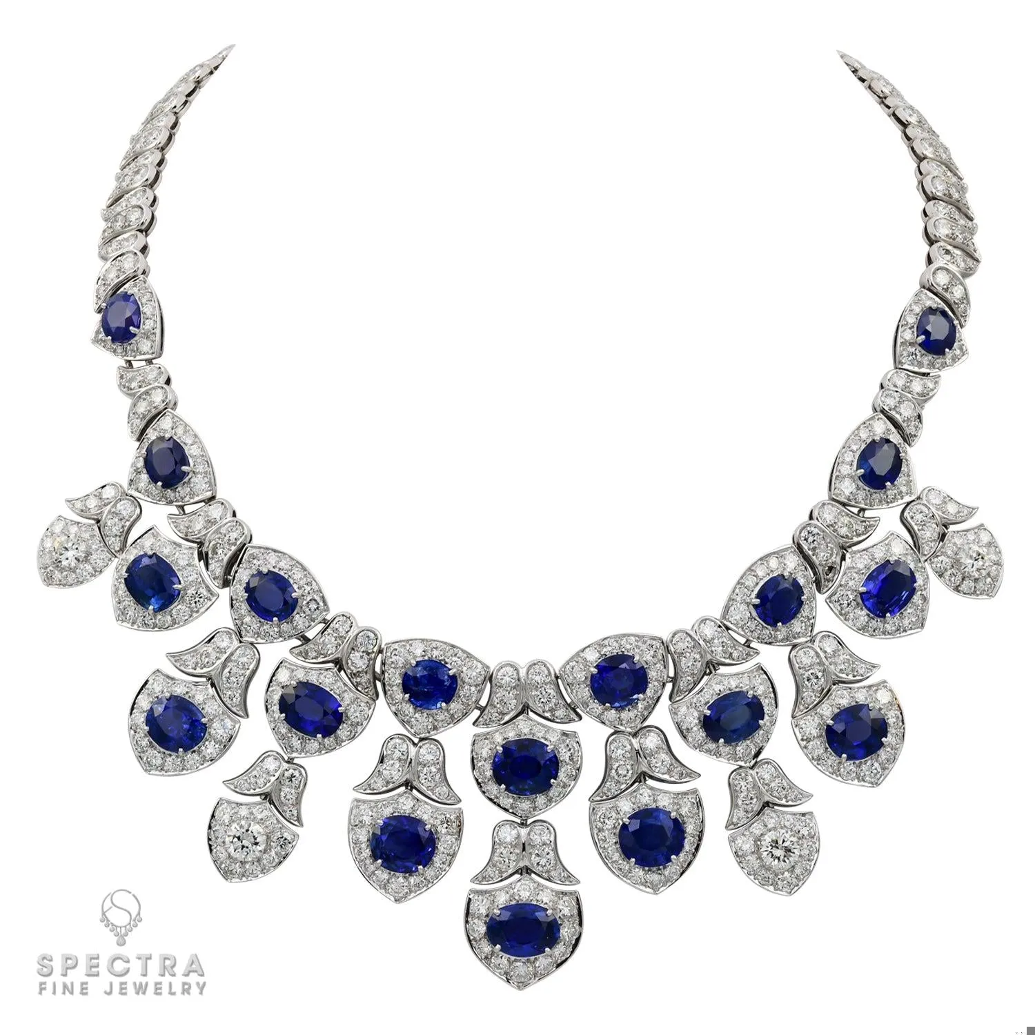 Modern Sapphire and Diamond Bib Necklace in Platinum