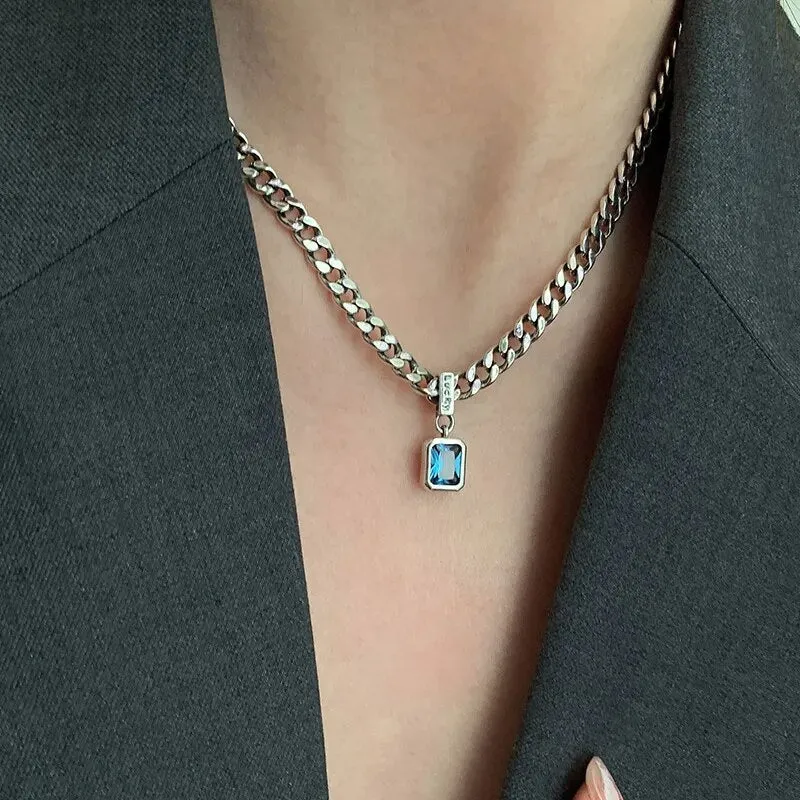 New 925 Sterling Silver Square Blue Zirconia Necklace Cuban Type Choker Matching Party Gift