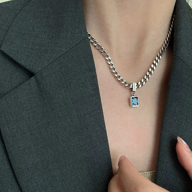 New 925 Sterling Silver Square Blue Zirconia Necklace Cuban Type Choker Matching Party Gift