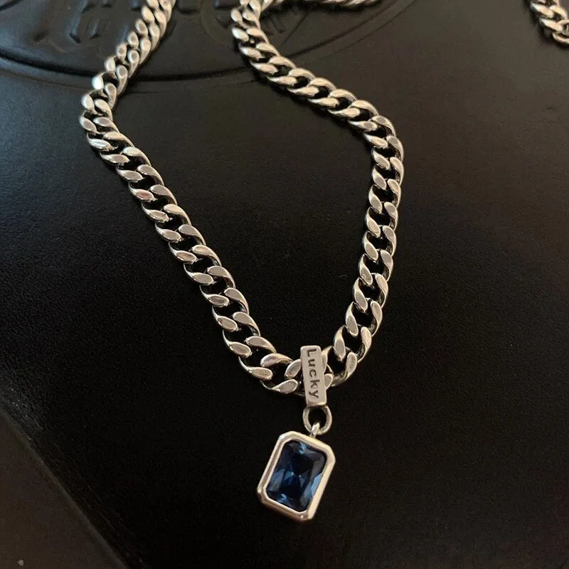 New 925 Sterling Silver Square Blue Zirconia Necklace Cuban Type Choker Matching Party Gift