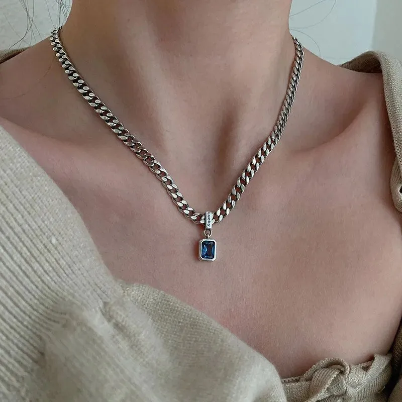 New 925 Sterling Silver Square Blue Zirconia Necklace Cuban Type Choker Matching Party Gift