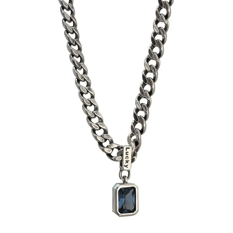 New 925 Sterling Silver Square Blue Zirconia Necklace Cuban Type Choker Matching Party Gift