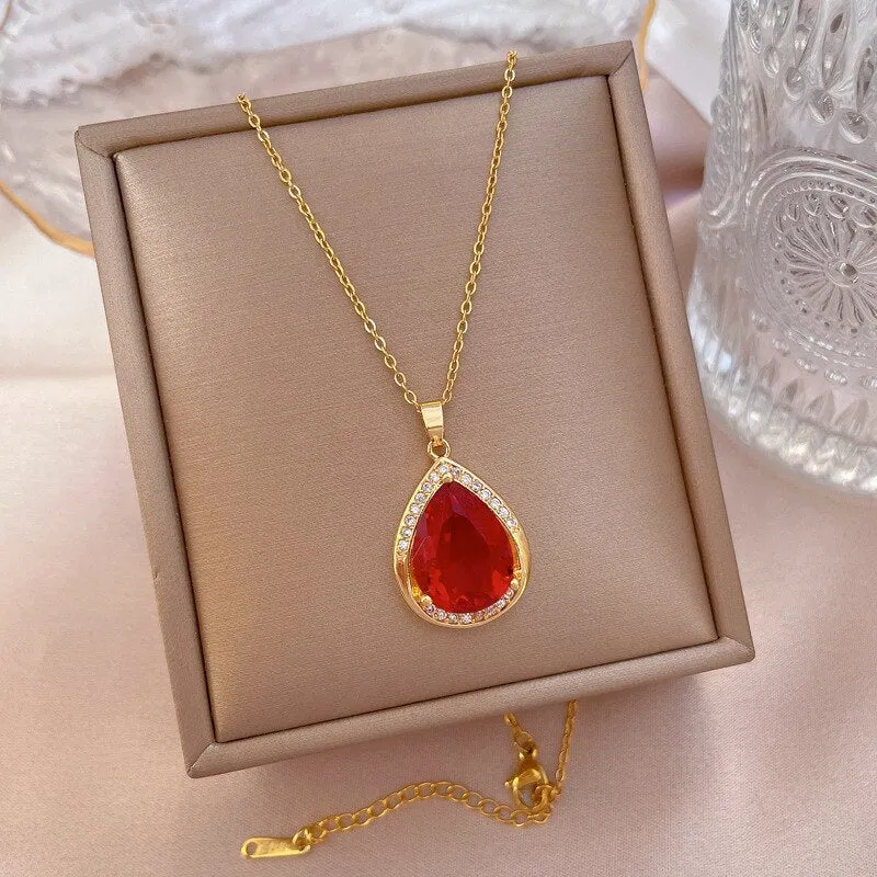New Red Big Gem Pendant Necklace For Women Clavicle Chain