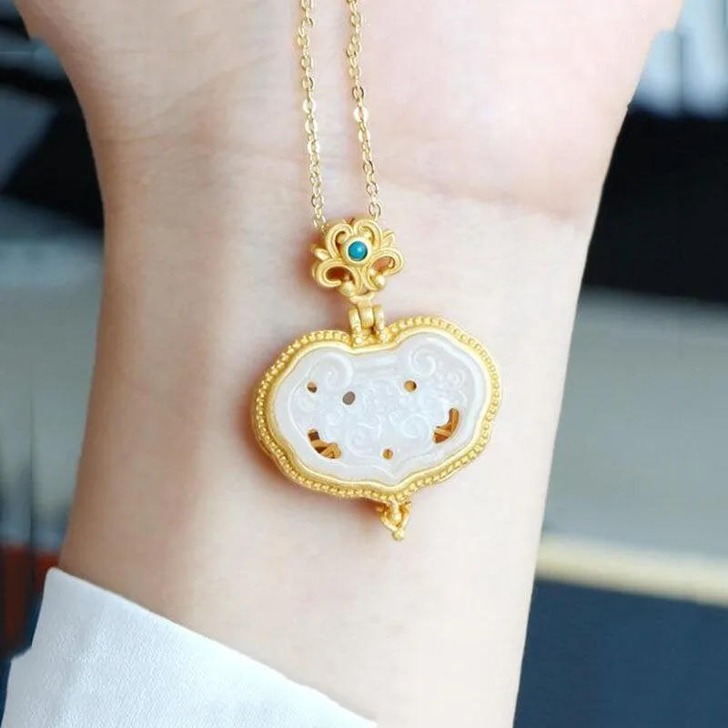 New style silver hollow geometric natural hetian jade pendant necklaces