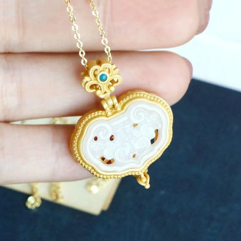 New style silver hollow geometric natural hetian jade pendant necklaces