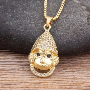 New Trendy Cute Animal Monkey Cubic Zirconia Pendant Relief Chain Necklace Women