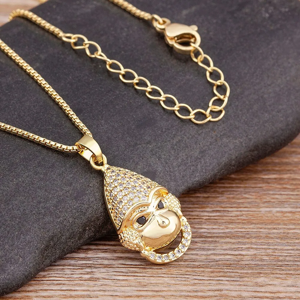 New Trendy Cute Animal Monkey Cubic Zirconia Pendant Relief Chain Necklace Women