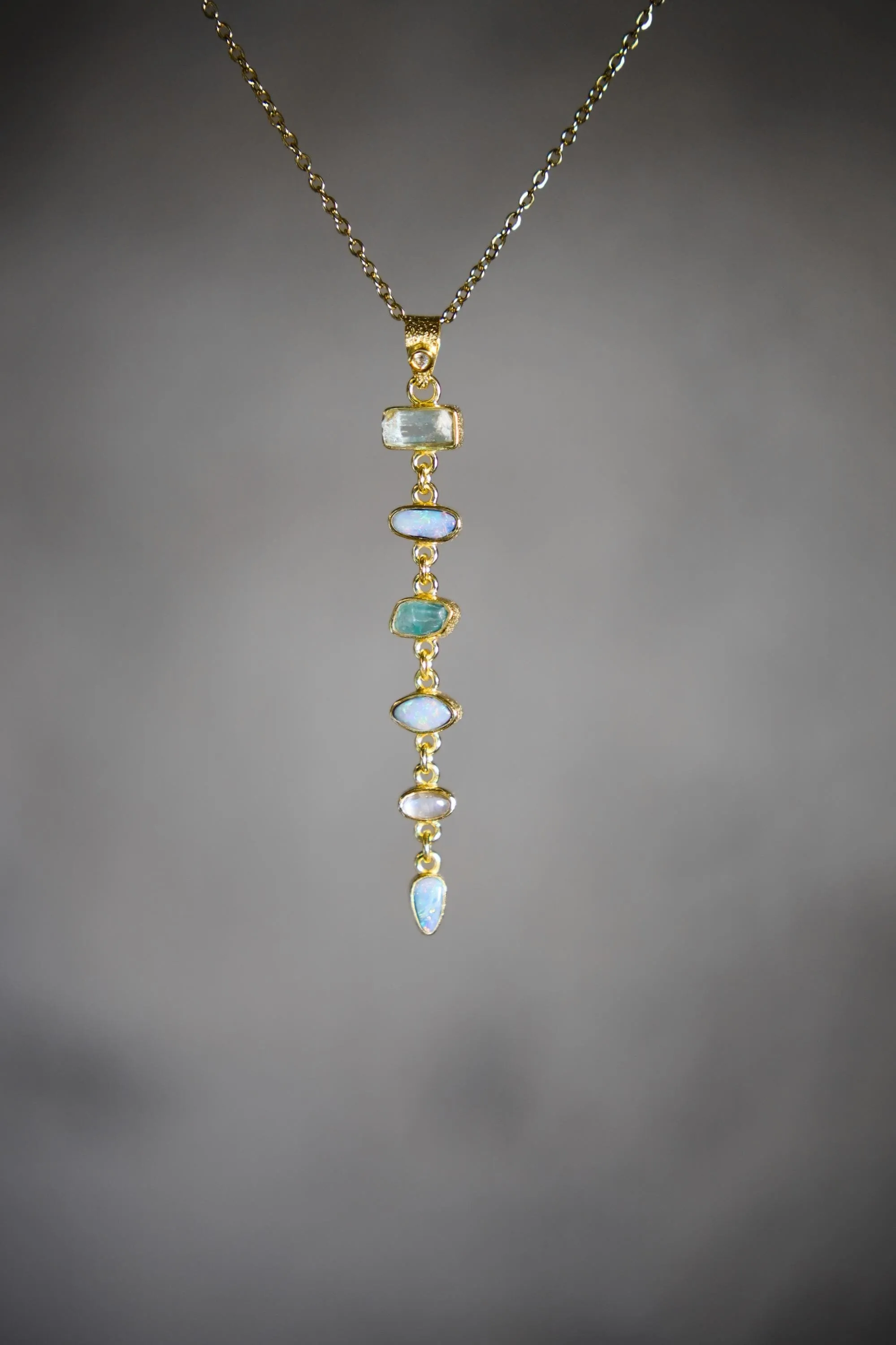 Radiant Zircon, Aquamarine, Australian Opal Doublet & Blue Moonstone Pendant, 18k Gold-Plated Sterling Silver, Unique Gift