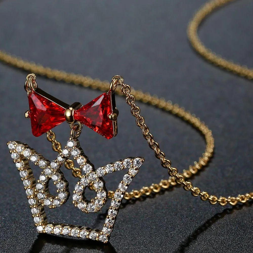 Red Cubic Zirconia Bowknot Crown Pendant Necklace -KFJN0293