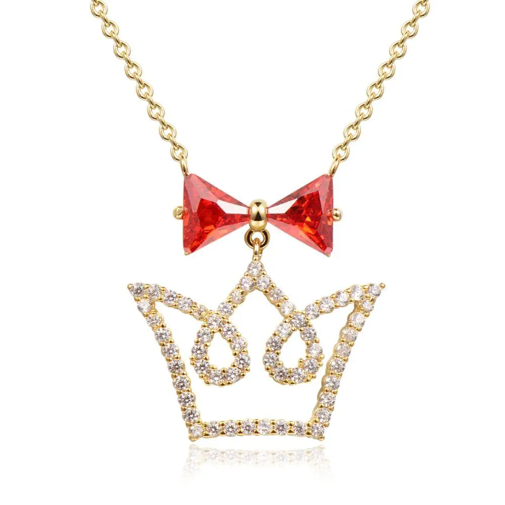 Red Cubic Zirconia Bowknot Crown Pendant Necklace -KFJN0293