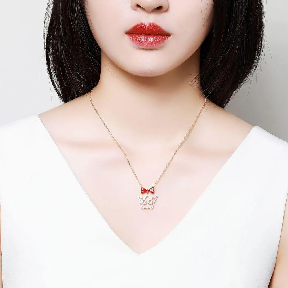 Red Cubic Zirconia Bowknot Crown Pendant Necklace -KFJN0293