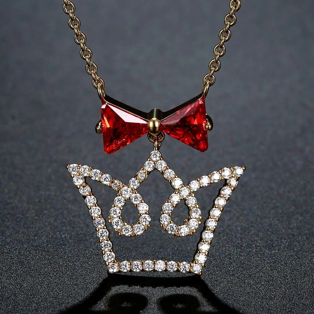 Red Cubic Zirconia Bowknot Crown Pendant Necklace -KFJN0293