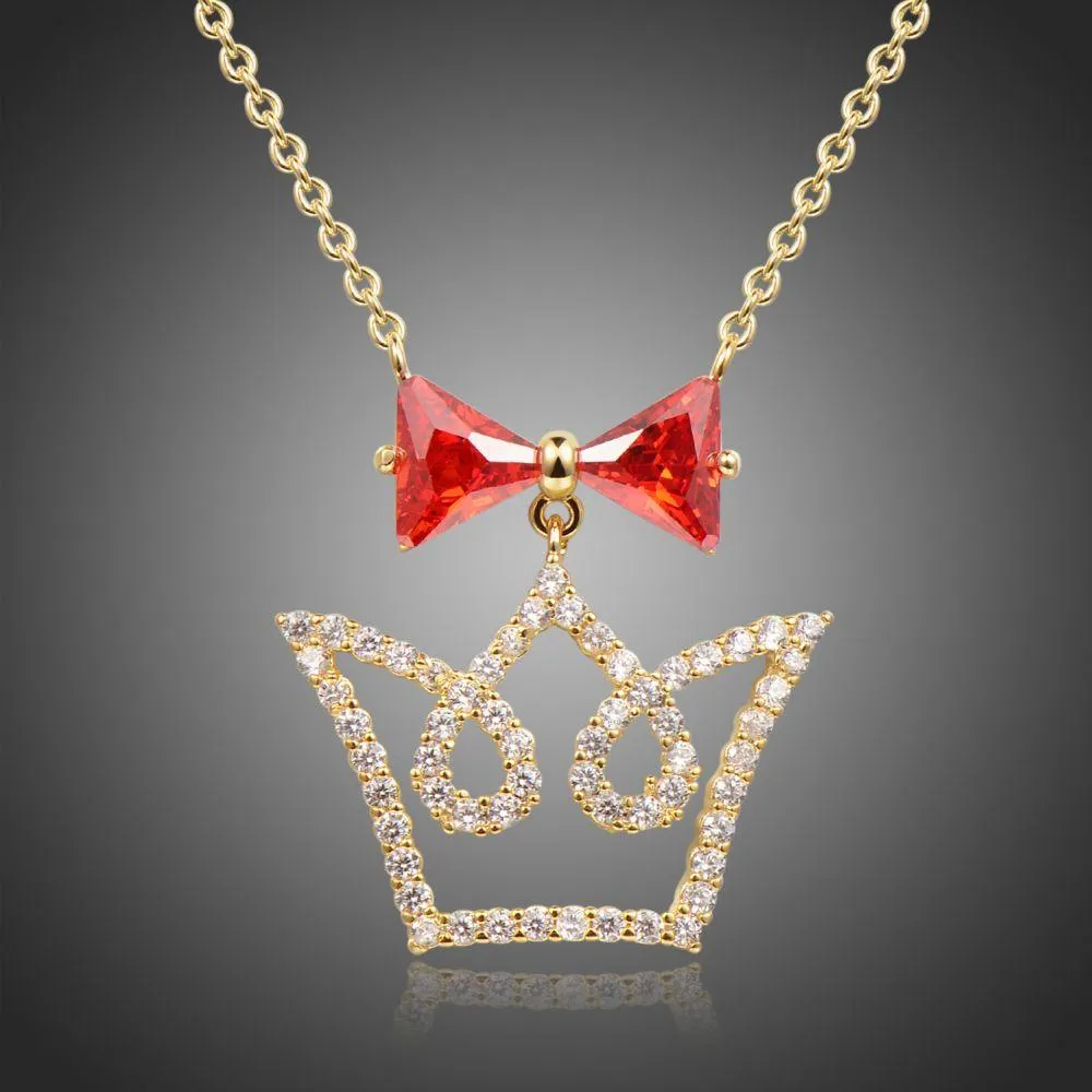 Red Cubic Zirconia Bowknot Crown Pendant Necklace -KFJN0293