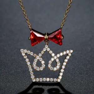 Red Cubic Zirconia Bowknot Crown Pendant Necklace -KFJN0293