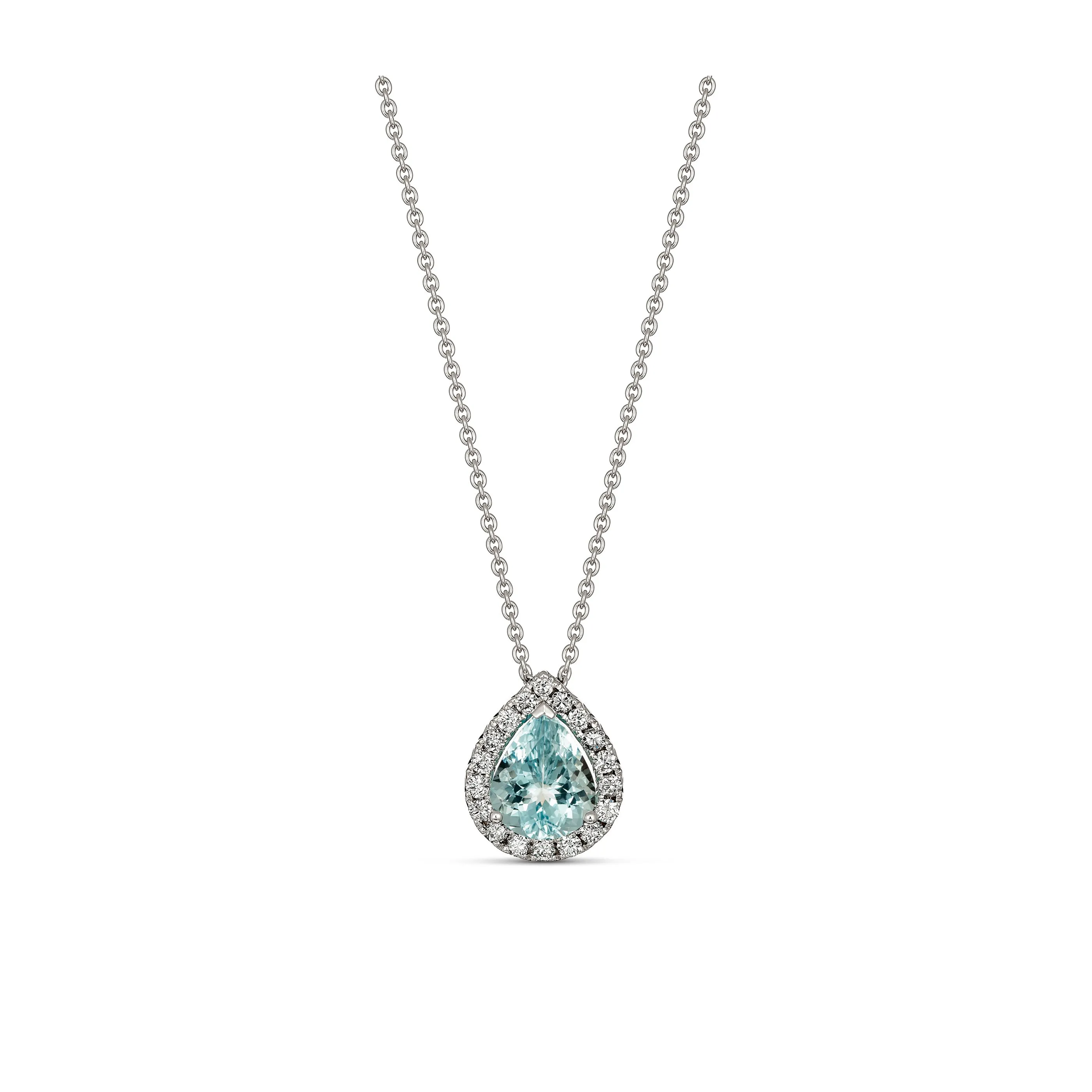 Regal Collection® Aquamarine Pear Cut Diamond Halo Necklace | White Gold