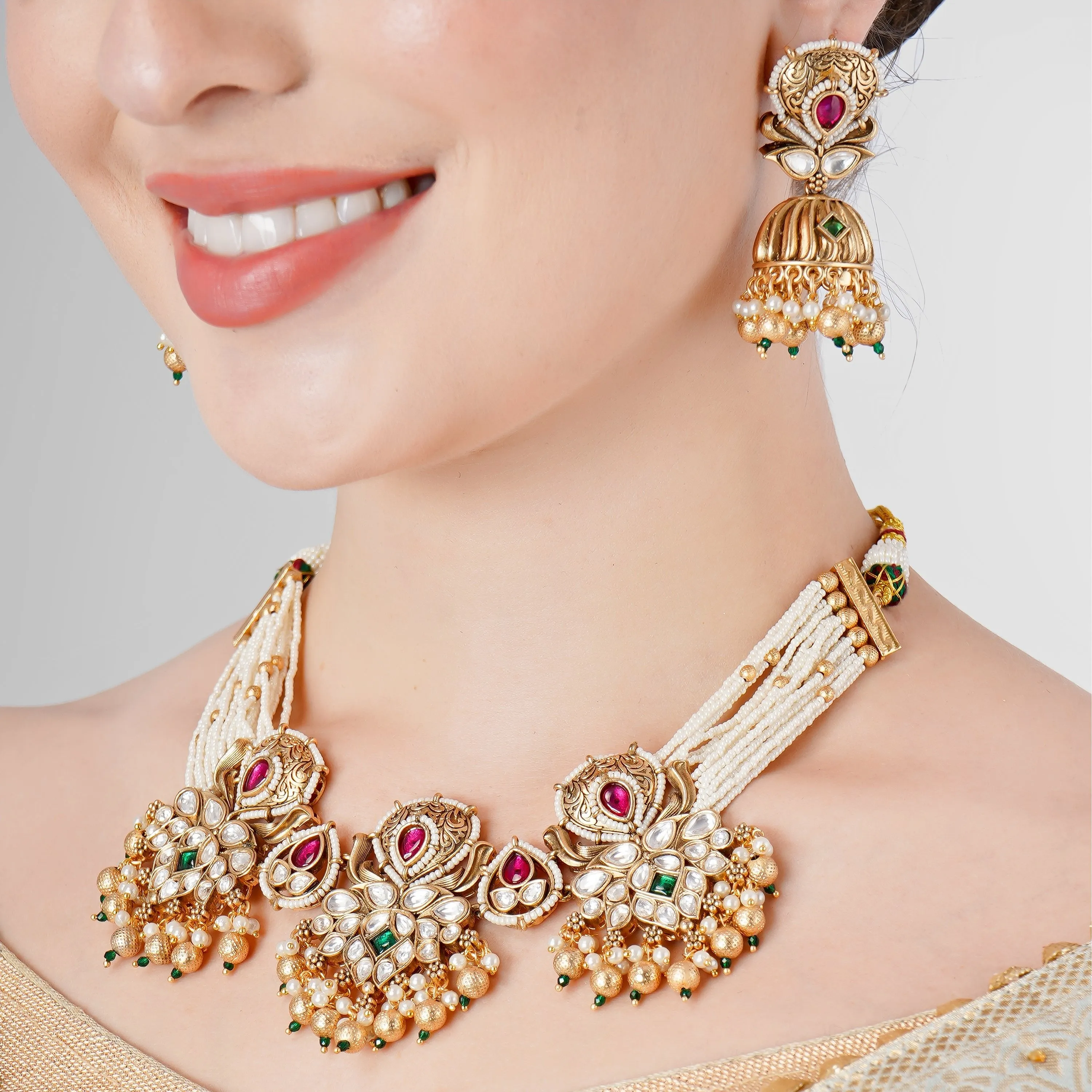 ROYAL KUNDAN POLKI GOLD LOOK ALIKE PEARL NECKLACE SET