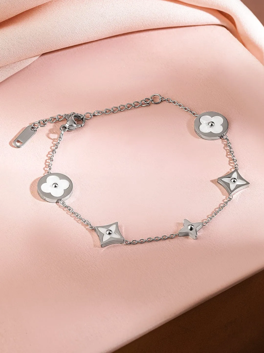 Rubans Voguish Rhodium Plated StainlessSteel TarnishFree Waterproof Floral Charm Bracelet