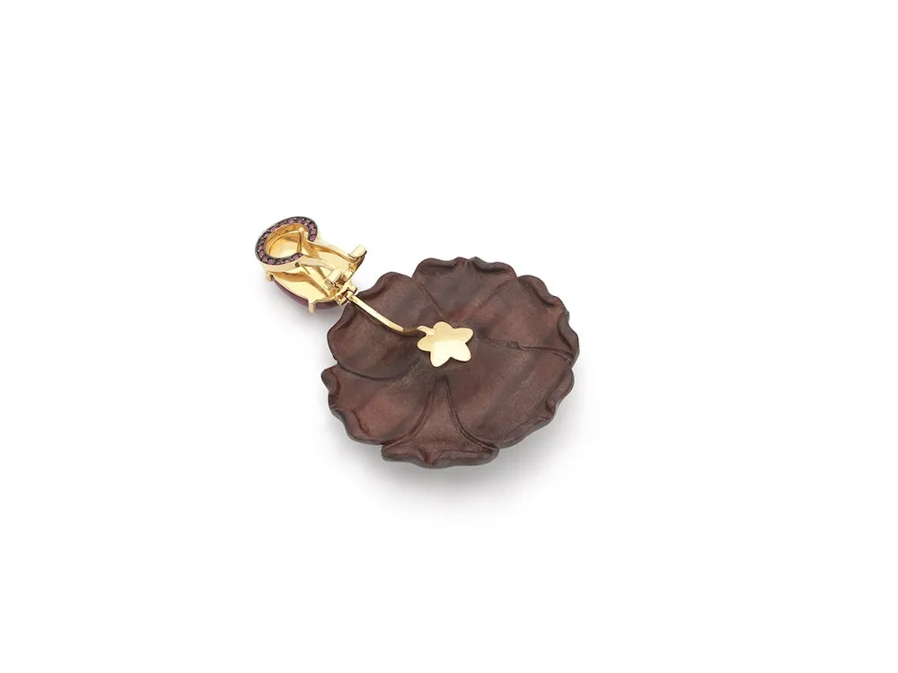 Sculptural Botanical Marquetry purple carved flower drop earrings