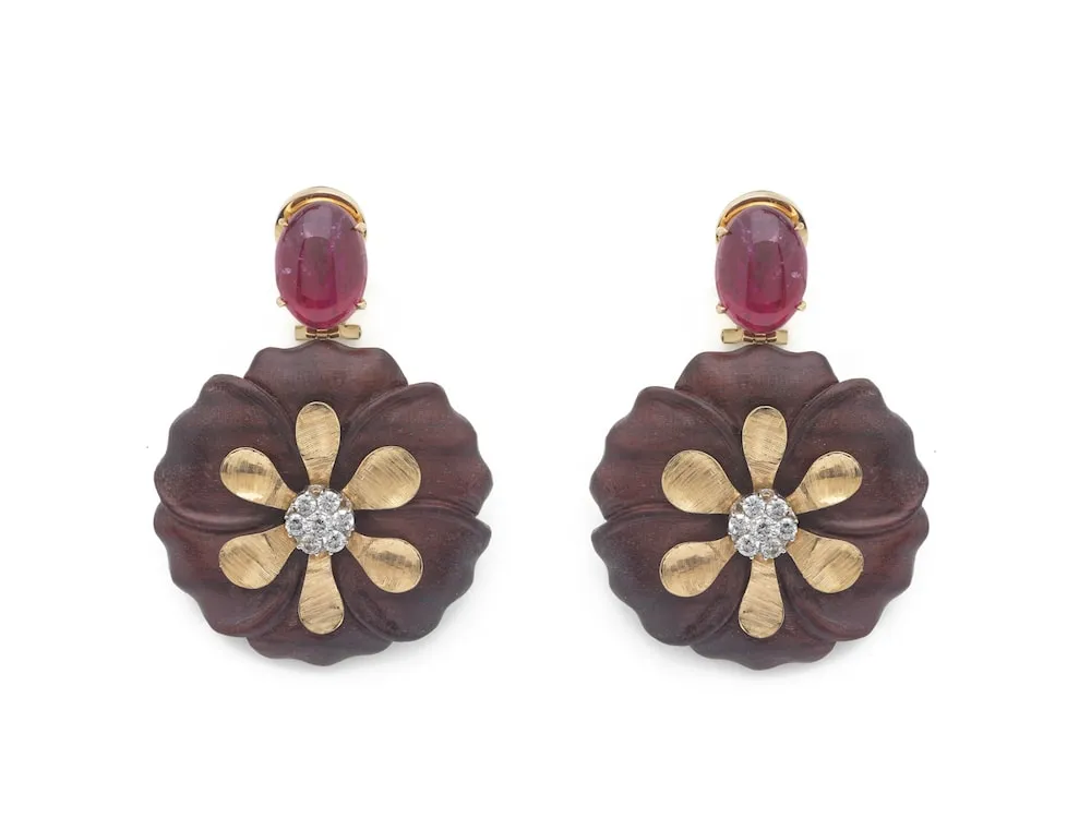 Sculptural Botanical Marquetry purple carved flower drop earrings