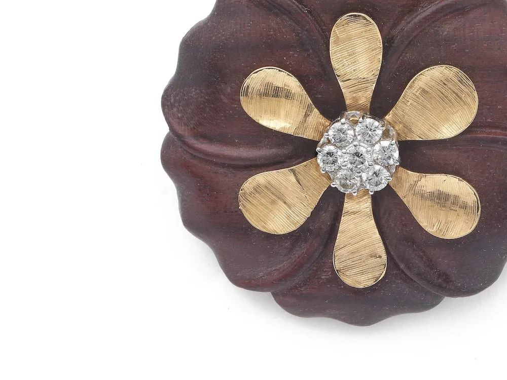 Sculptural Botanical Marquetry purple carved flower drop earrings