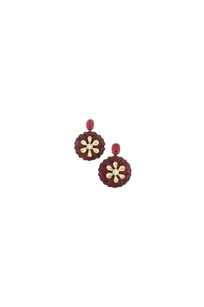 Sculptural Botanical Marquetry purple carved flower drop earrings