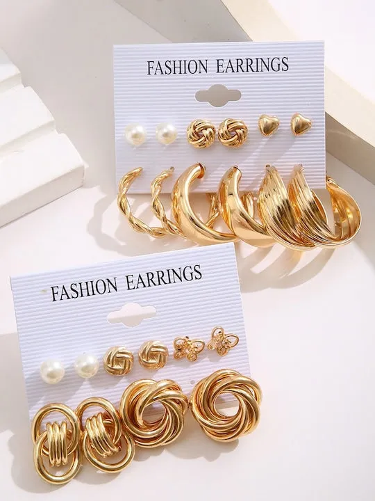 Set Of 11 Gold-Plated Contemporary Stud And hoop Earrings