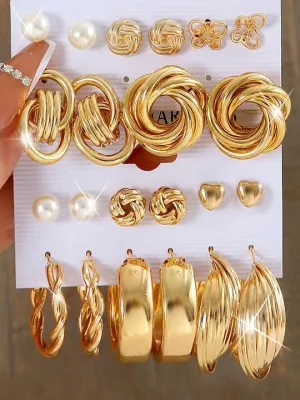 Set Of 11 Gold-Plated Contemporary Stud And hoop Earrings